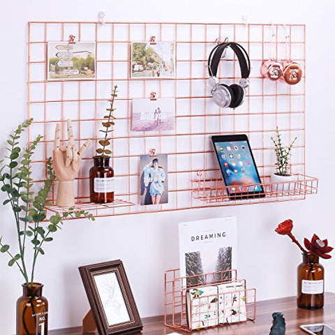 Zosenley Rose Gold Photo Hanging Display, Wall Grid Panel for Display Decoration & Storage, Size 37.8"x21.2"/Rose Gold/Copper