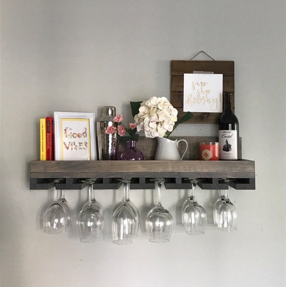 Wood Wine Rack Shelves | The Ryan | Wall Mounted Shelf & Hanging Stemware Glass Holder Organizer Bar Unique Rustic Bar Shelvez by DistressedMeNot
