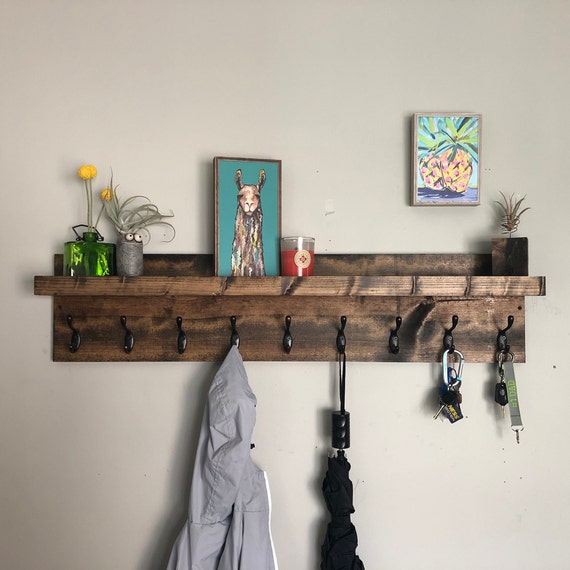 Coat Rack with Shelf | The Ed | Key Holder Entryway Organizer Towel Rack Key Hooks Wall Mounted Leash Mask Holder Rustic Modern With Storage by DistressedMeNot