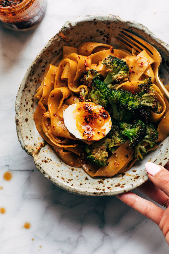 Chili Garlic Pappardelle with Smashed Broccoli and Soft Eggs