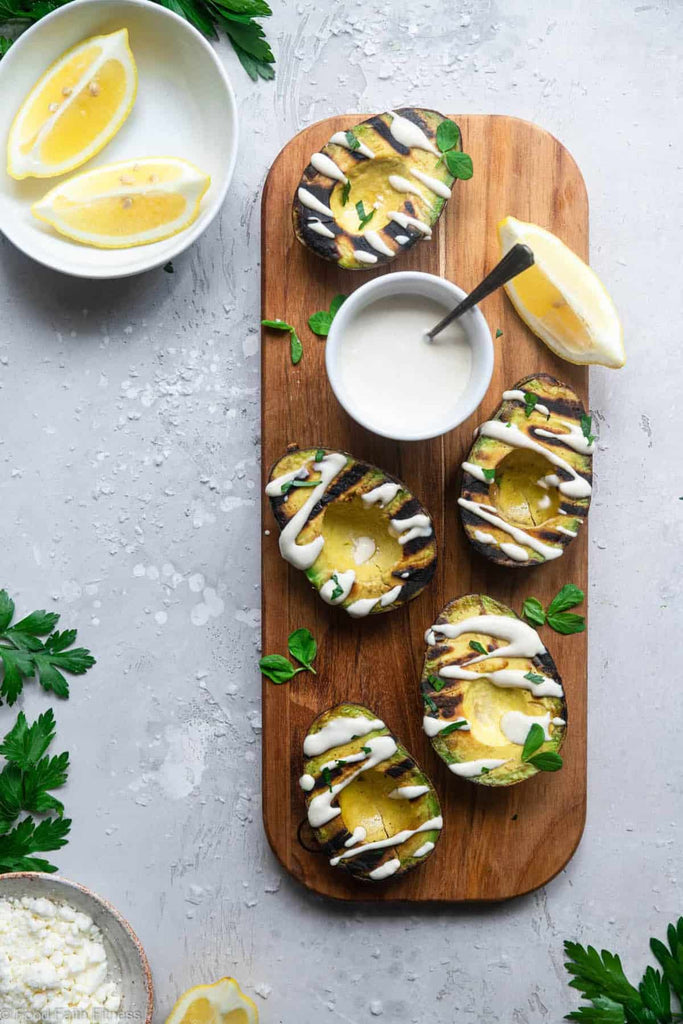 Grilled Avocados with Feta Tahini Sauce