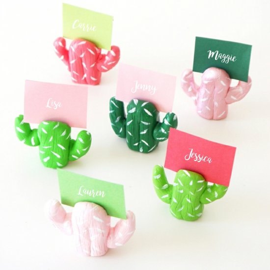 These DIY cactus place-card holders from polymer clay are a fun and easy craft project for kids, and make great photo-holders too! #Fimo #PlaceCardHolder #PhotoHolders #DIYGift #PlaceCard