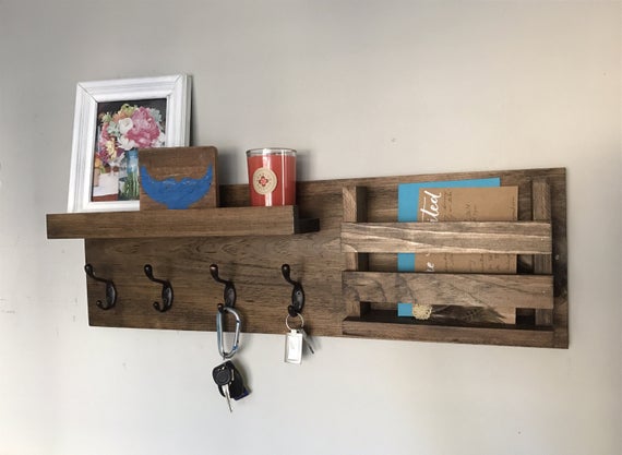 Entryway Mail Organizer | Key Hooks Wall Mounted Coat Rack Catch All Leash Holder Rustic Modern Unique by DistressedMeNot