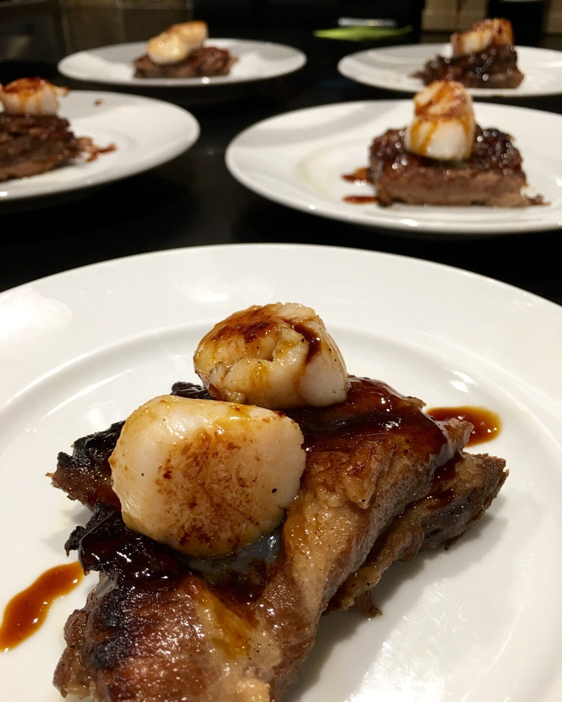 WILD BOAR BELLY WITH SEARED SCALLOPS AND ESPRESSO GLAZE