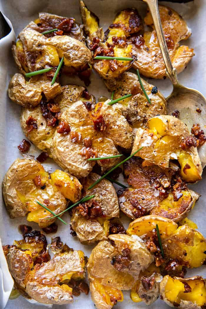 crispy smashed potatoes with bacon vinaigrette