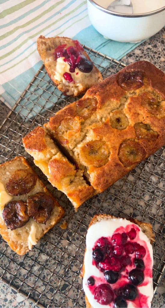 Banana bread with caramelized banana slices