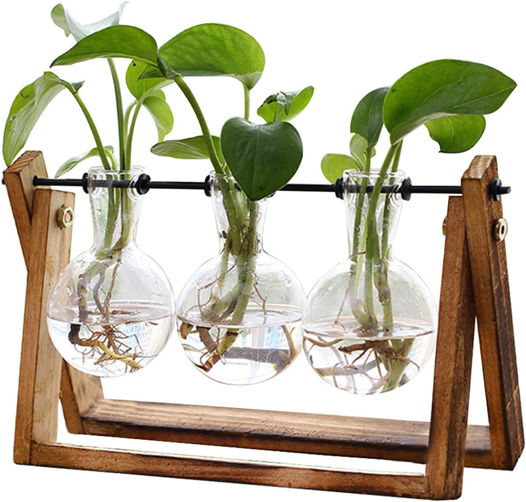 Plant Terrarium with Wooden Stand, Air Planter Bulb Glass Vase Metal Swivel Holder Retro Tabletop for Hydroponics Home Garden Office Decoration – 3 Bulb Vase $23.98