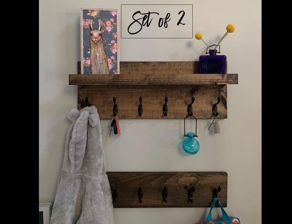 SET of 2: Coat Rack WITH and WITHOUT Shelf | Entryway Organizer Towel Rack Key Hooks Wall Mounted Catch All Leash Holder Rustic Modern by DistressedMeNot