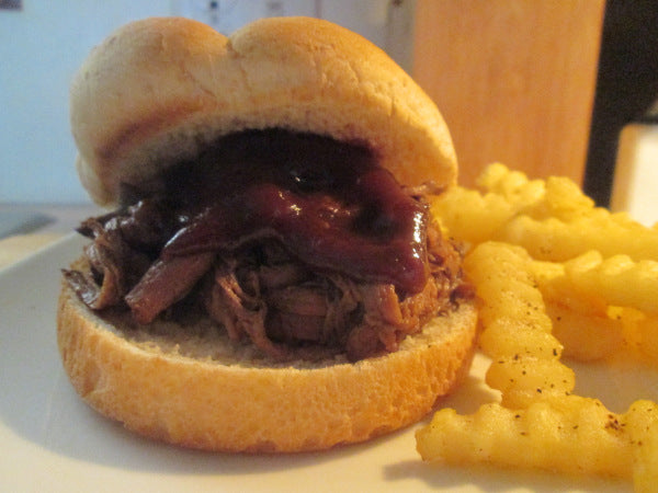 BBQ Pulled Buffalo Chuck Roast Sandwich w/ Baked Crinkle Fries