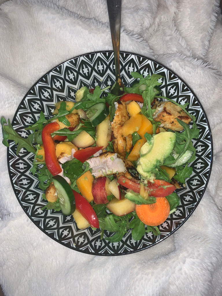 Honey Soy marinated chicken salad with fresh fruit and veggies