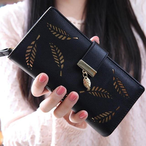2018 Women Wallet Purse Female Long Wallet Gold Hollow Leaves Pouch Handbag For Women Coin Purse Card Holders Portefeuille Femme