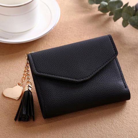 2018 fashion solid tassel women wallet for credit cards small luxury brand leather short womens wallets and purses zipper&hasp