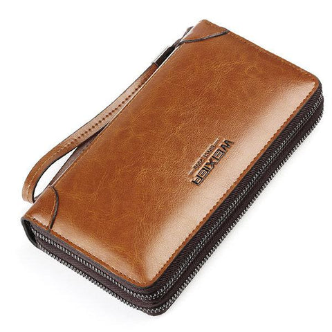 Genuine Leather Business Double Zipper Clutch Bag