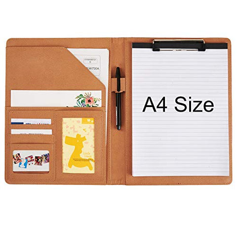 Padfolio Case Document Organizer PU Leather Resume Portfolio Binder File Folder Clipboard Pad Holder Letter Size with Writing Notepad Business Card Holder for School Office Meeting Interview (Brown)