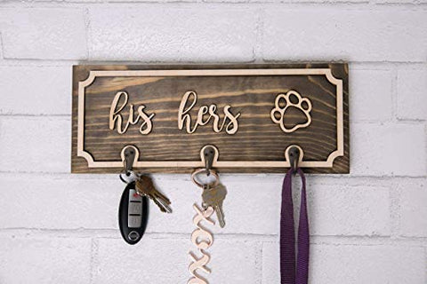 Handmade Wood Leash and Key Holder - Custom Personalized His and Hers, Pawprint