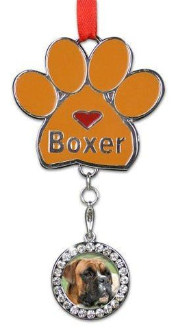 Boxer Ornament - I love Boxers Christmas Ornament - Place for a Picture of Your Favorite Boxer - Hanging Paw Print Designs with Red Ribbon(2382)