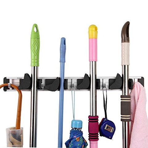 Pannow Mop and Broom Holder, Professional Tool Storage and Hanger,Garden Tool Organizer,Wall Mounted Organizer,4 Slots and 4 Hooks,Easy to Install,Best for Home, Kitchen and Garage