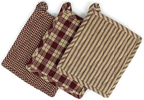 Rustic Covenant Woven Cotton Farmhouse Pot Holders, Set of 3, 7 inches x 8 inches, Burgundy Red/Natural Tan