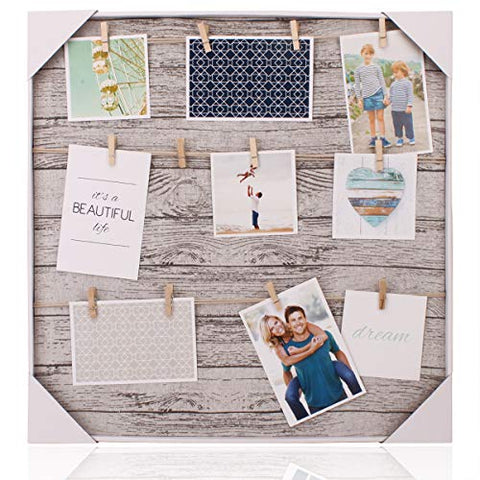HANTAJANSS Clip Photo Holder, Photo Collage Frame, Large Picture Display Frame with 12 Wood Clothespin Clips for Hanging Home Decoration 20 ×20 inches Grey