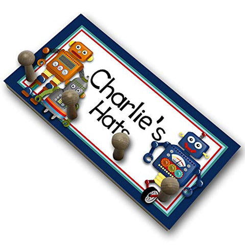 Toad and Lily Navy Blue Robot Boys HAT Holder - Personalized Hat Holder - Clothing Rack - Hat Organizer for Boys HH0006