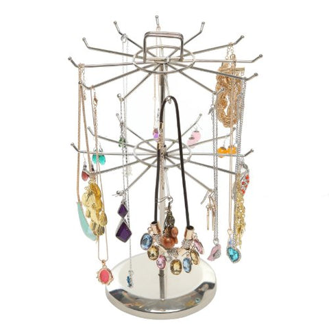 MyGift Silver Metal Jewelry Organizer Tower Necklace Tree Bracelet Display Stand w/Hairclip Holder
