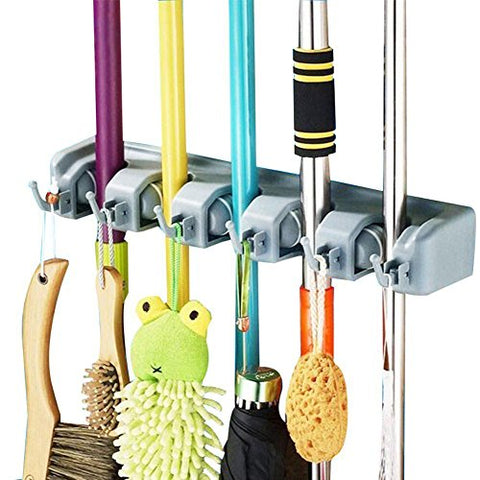 DayBuy Mop and Broom Holder Wall Closet Mounted with 5 Position and 6 Hooks Organizer Rakes Automatic Handle Grips Household Tool and Garage Storage Organization Racks