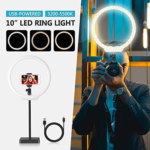 Neewer 10 inches USB-Powered LED Ring Light: 2-Power 5W/10W Dimmable Bi-color 3200-5500K On-Camera Light with Stand Base, Soft Tube, Cellphone Clamp for YouTube Videos, Make Up, Beauty, Live Streaming