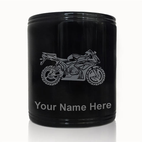 Beverage Can Holder, Sport Bike, Personalized Engraving Included (Black)