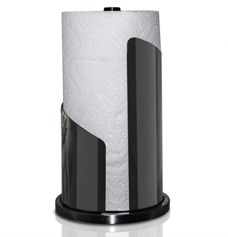 UpGood Countertop Paper Towel Holder with Brushed Stainless Steel and Iron Accents | Vertical Roll Dispenser (Large Stand, Black)