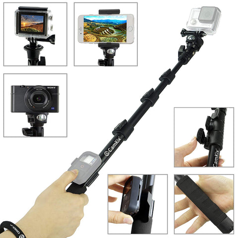 CamKix Premium Telescopic Pole 16" - 47" - For Gopro Hero 4, Session, Black, Silver, Hero+ LCD, 3+, 3, 2, 1; Compact Cameras; and Cell Phones - With Cradle for Remote - Strong and Stable Clip Locks