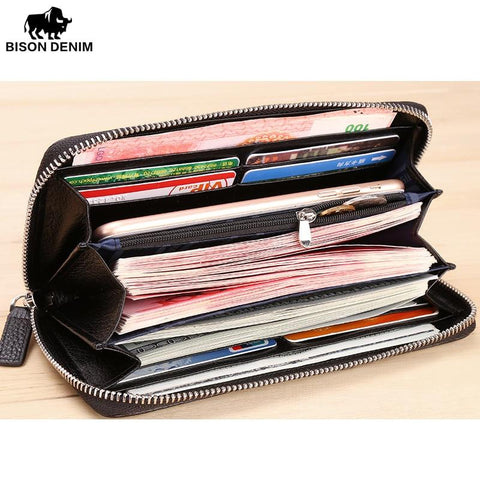 Luxury genuine leather men wallets long zipper clutch purse business phone wallet