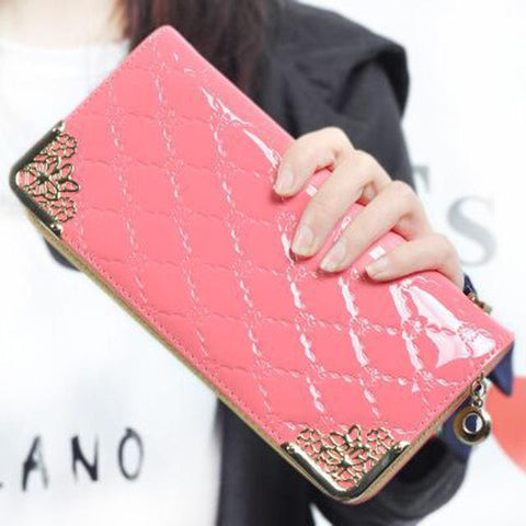 2016 Luxury Vintage Brand Women Long Patent Leather Plaid Wallet Female Clutch Ladies Phone Purse Coin Credit Card Holder Cuzdan