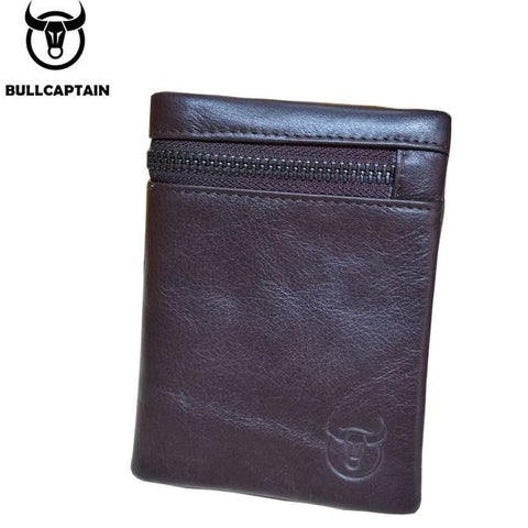 BULL CAPTAIN 2017 CASUAL Short Trifold Hasp Zipper Wallet MEN Coffee Cow Leather Wallet Coin Pocket Money Purse Bag Card Holder