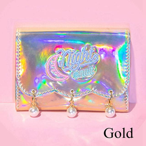 1PC Hot Hologram Short Wallet PU Leather Moon Embroidery Pearl Purse Clutch Coin Purse Laser Card Holder Bag Metallic Color