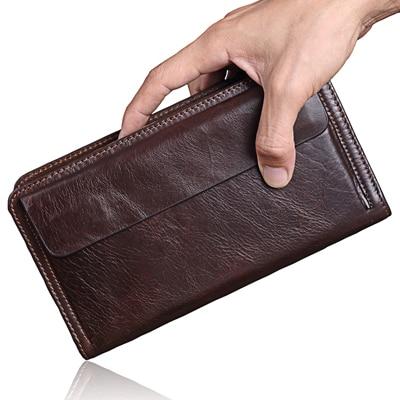 MISFITS Cowhide Men Clutch Wallets Genuine Leather Long Purses Business Large Capacity Wallet Double Zipper Phone Bag For Male